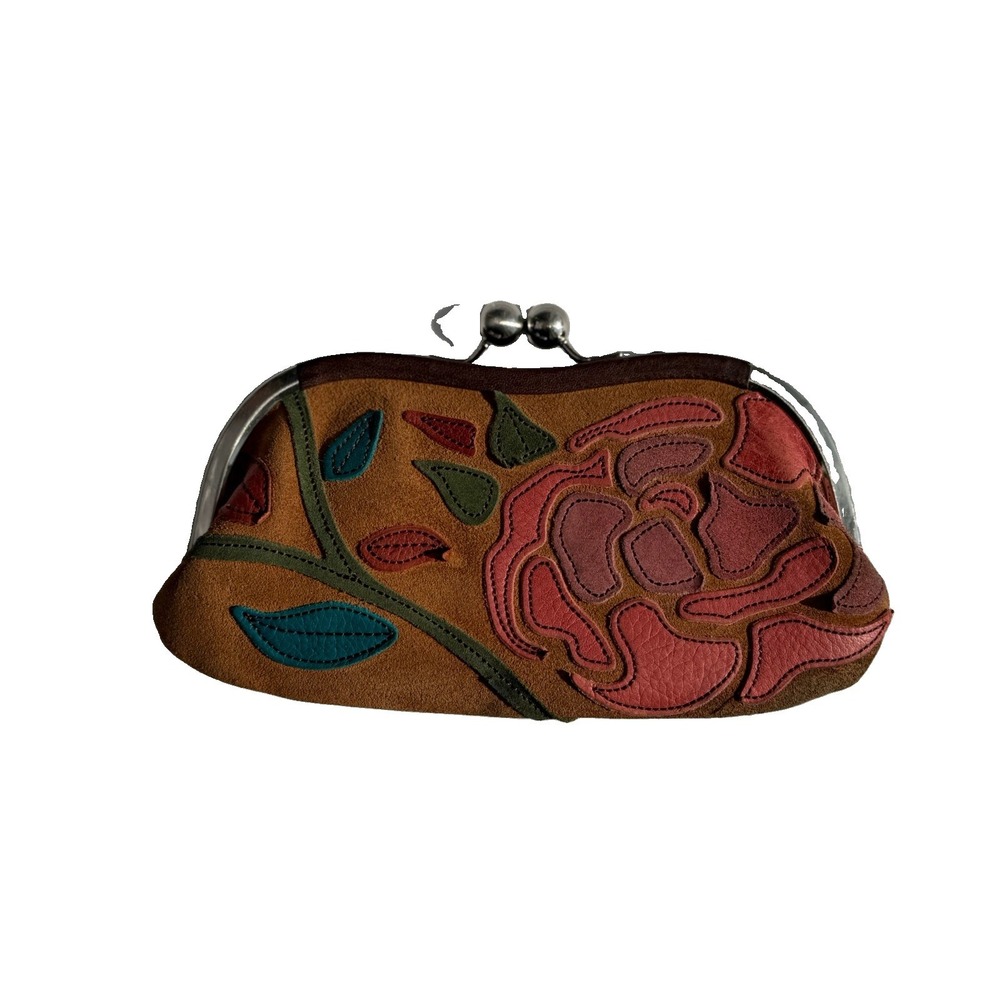 Vintage Fossil Suede Brown Kiss-Lock Wallet Floral Appliqué Leather Y2K boho